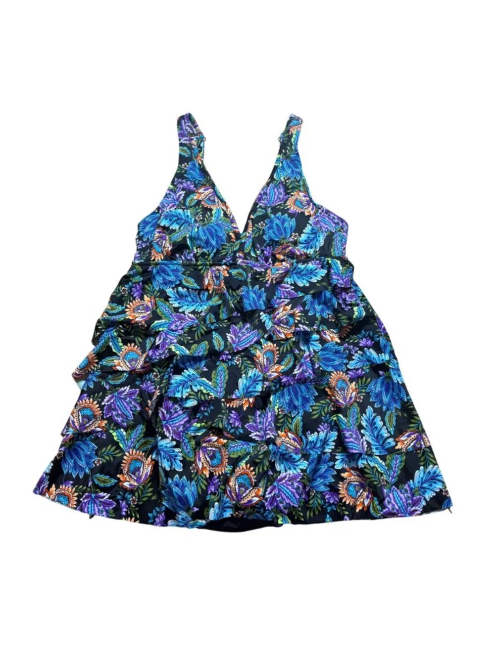 Swim Solutions Floral V-Neck Tummy Control Ruffle Swimdress Women's Size 10 NWT! - Picture 2 of 8